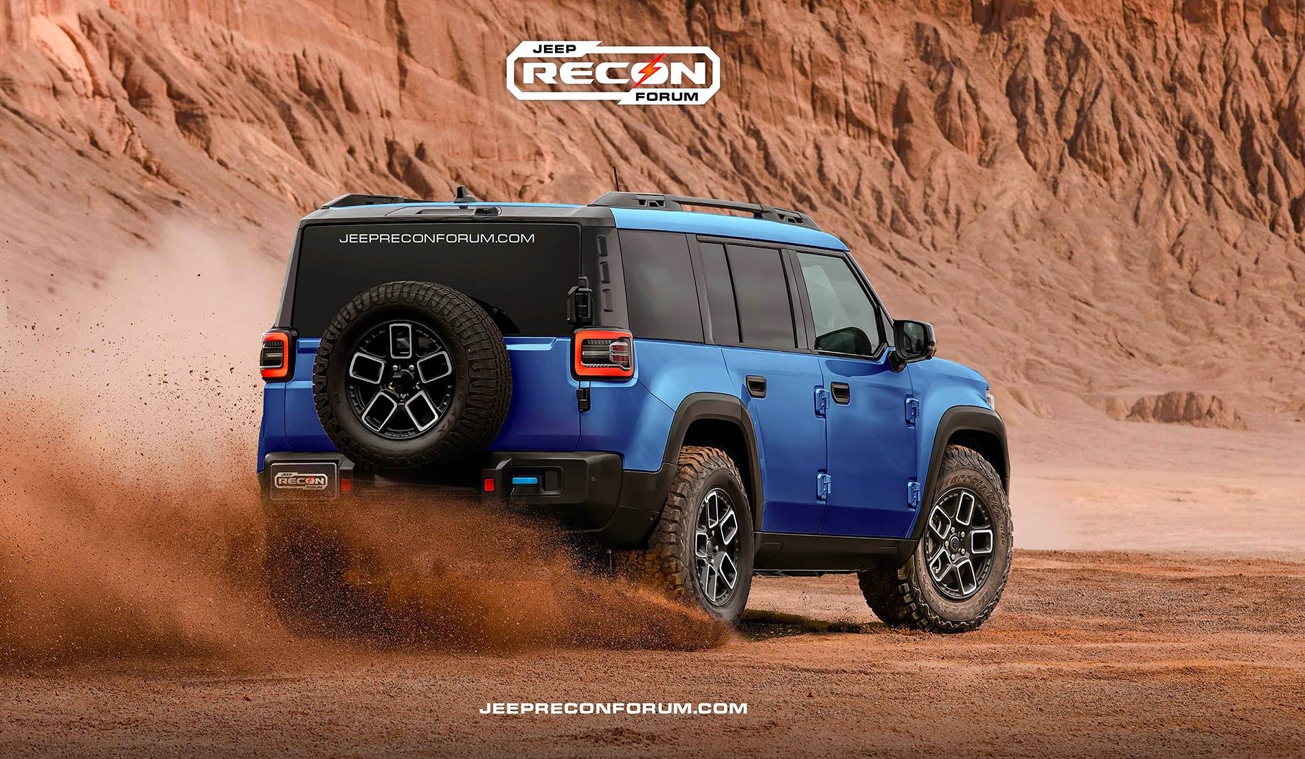 Jeep Recon EV Preview: 2026 Jeep Recon Colors w/ Black & White Roofs Jeep Recon Blue Rear 2 