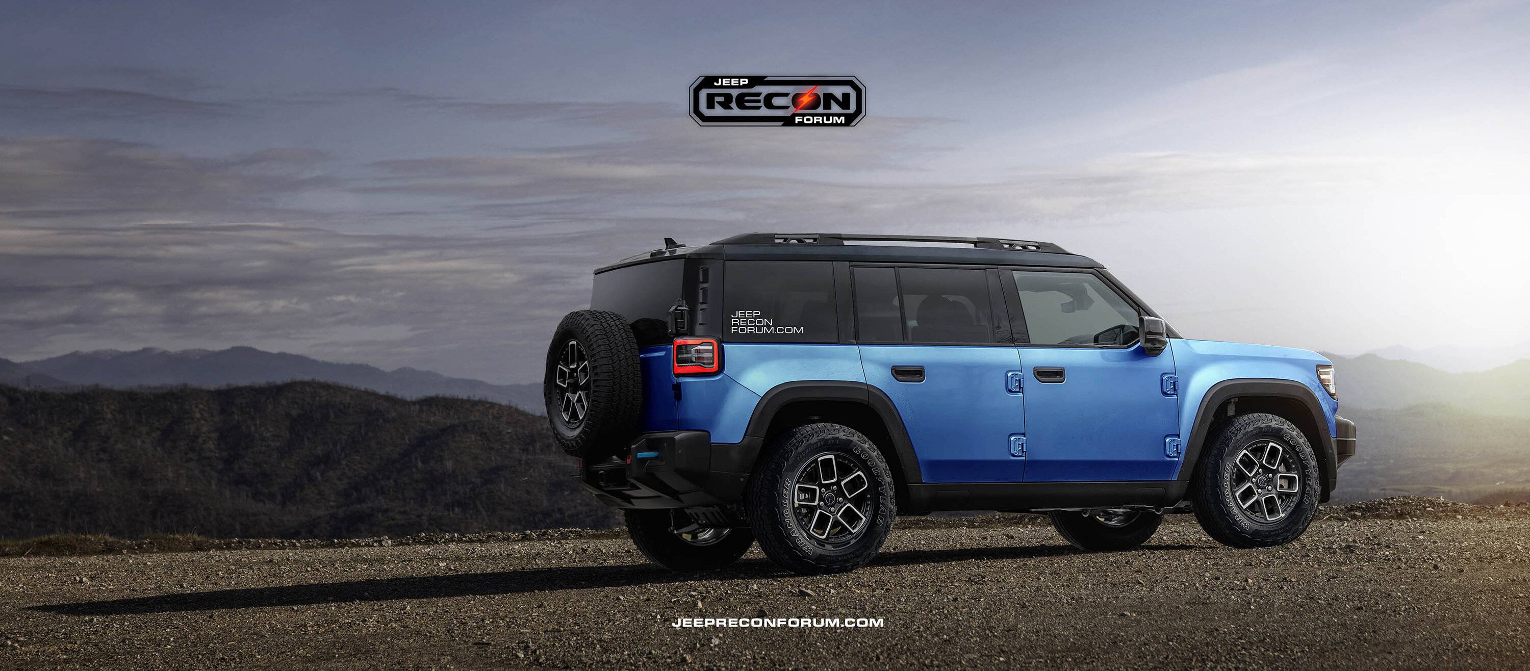 Jeep Recon EV Preview: 2026 Jeep Recon Colors w/ Black & White Roofs Jeep Recon Roof Blue Rear 1