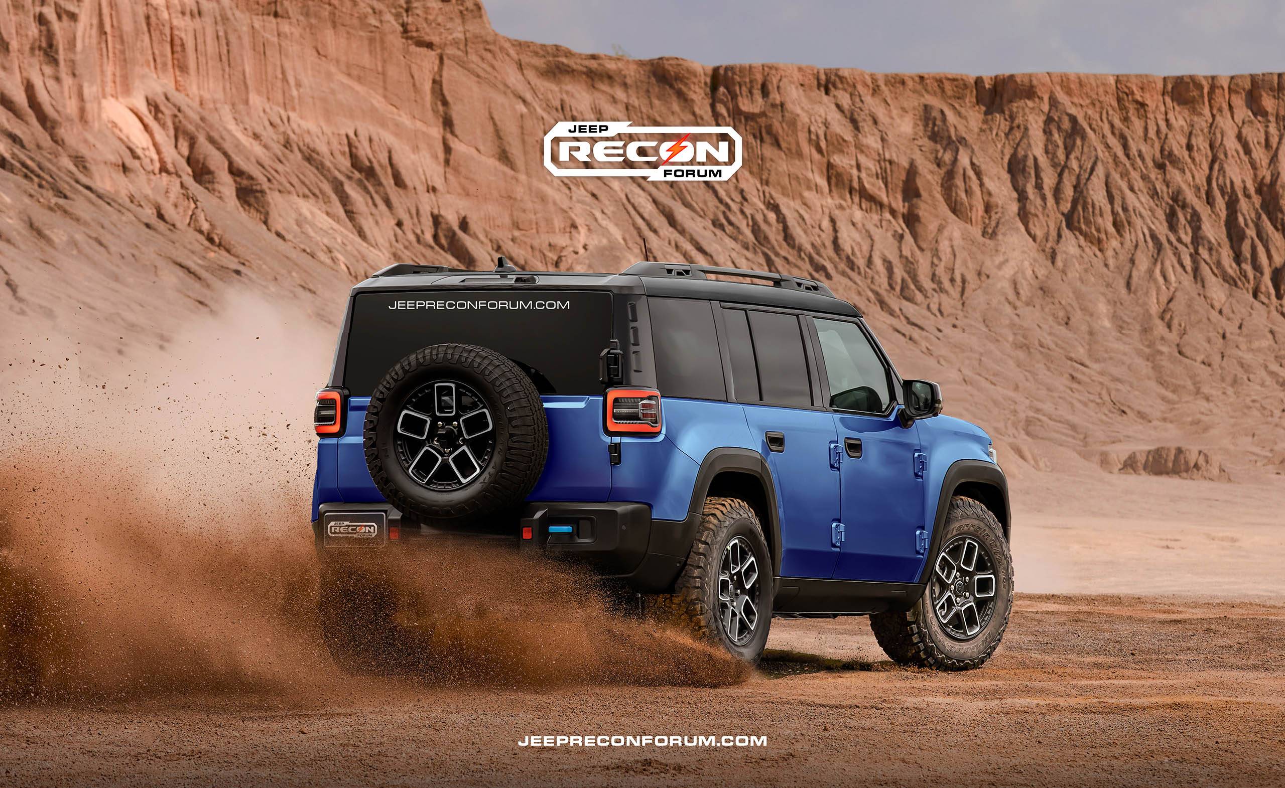 Jeep Recon EV Preview: 2026 Jeep Recon Colors w/ Black & White Roofs Jeep Recon Roof Blue Rear 2 