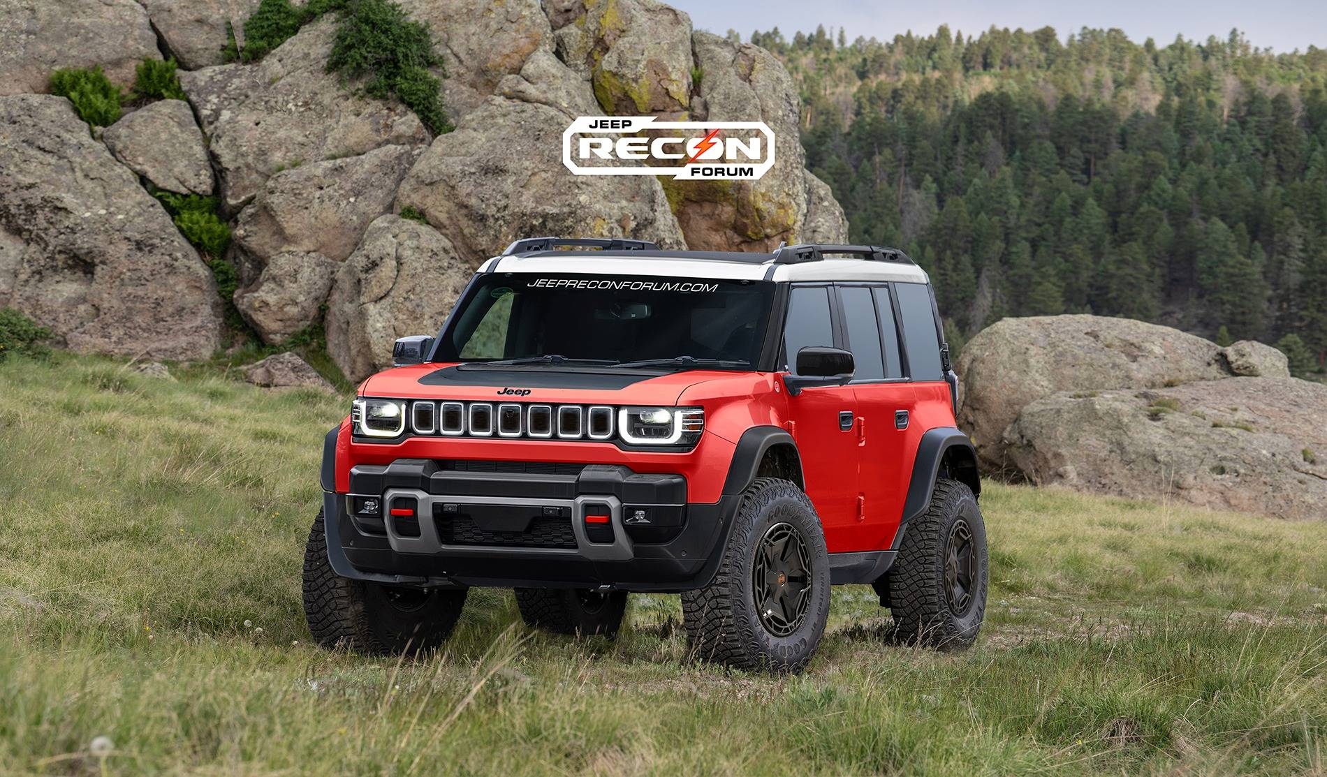 Jeep Recon EV Preview: 2026 Jeep Recons w/ Lift Kit, 35's, Fender Flares, Winch Bumper, Bull Bar Jeep Recon SE Front 1 Red