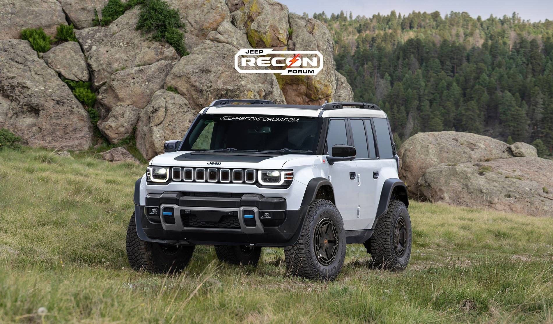 Jeep Recon EV Preview: 2026 Jeep Recons w/ Lift Kit, 35's, Fender Flares, Winch Bumper, Bull Bar Jeep Recon SE Front 1 White