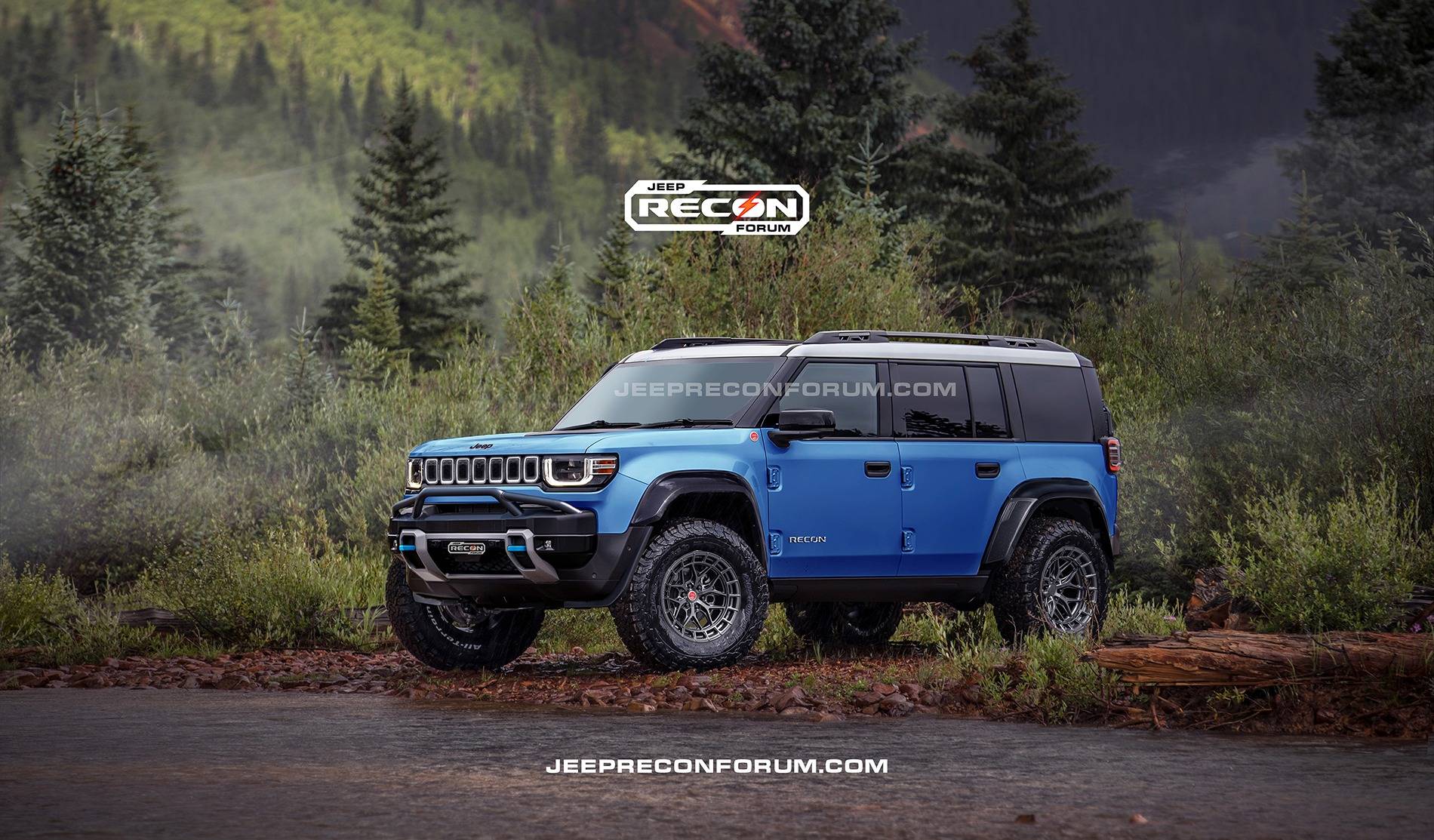 Jeep Recon EV Preview: 2026 Jeep Recons w/ Lift Kit, 35's, Fender Flares, Winch Bumper, Bull Bar Jeep Recon SE Front Blue White