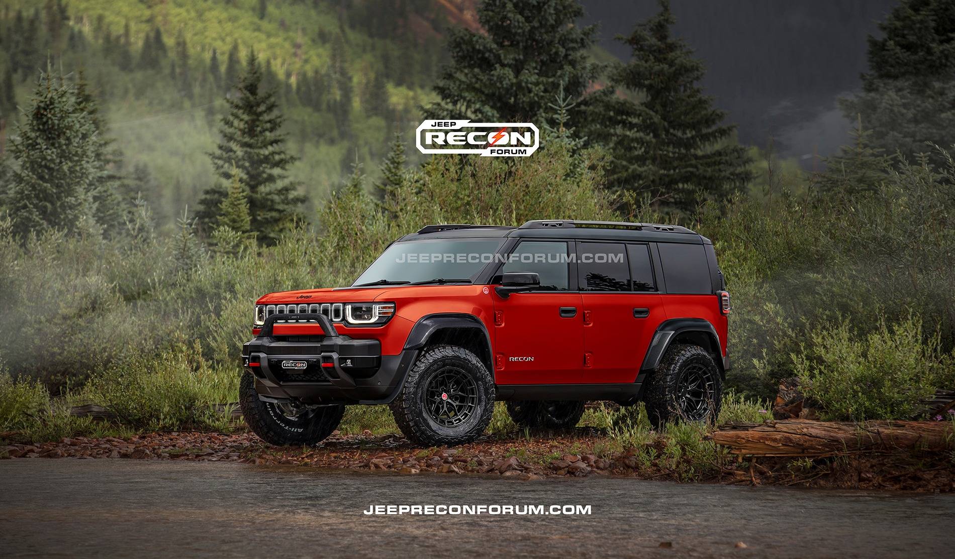Jeep Recon EV Preview: 2026 Jeep Recons w/ Lift Kit, 35's, Fender Flares, Winch Bumper, Bull Bar Jeep Recon SE Front Red Black 