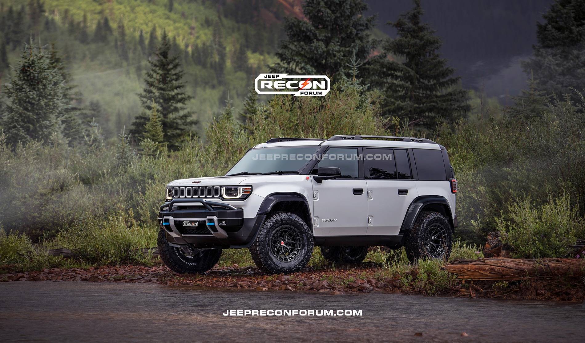Jeep Recon EV Preview: 2026 Jeep Recons w/ Lift Kit, 35's, Fender Flares, Winch Bumper, Bull Bar Jeep Recon SE Front White 