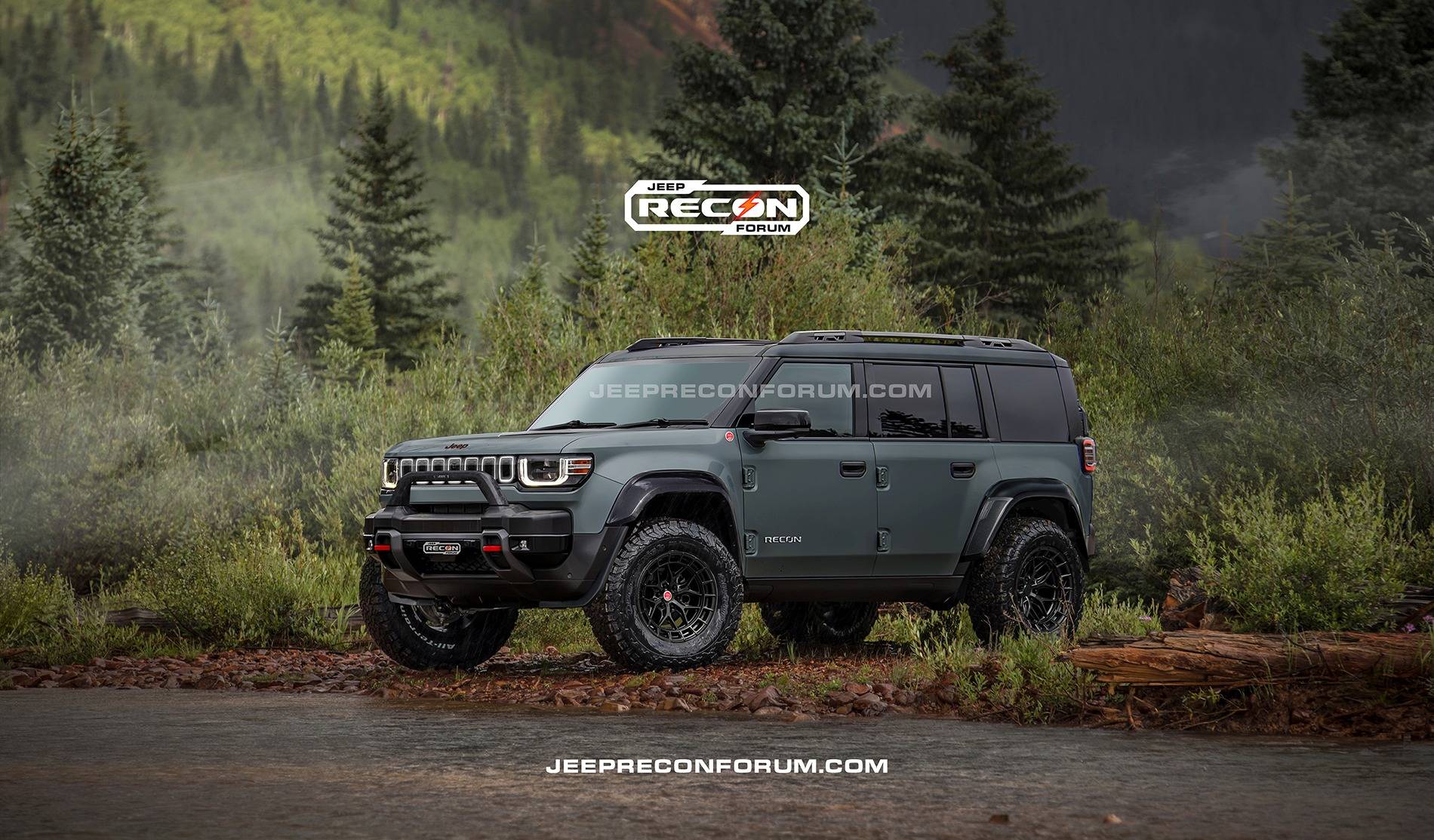 Jeep Recon EV Preview: 2026 Jeep Recons w/ Lift Kit, 35's, Fender Flares, Winch Bumper, Bull Bar Jeep Recon SE Front Grey Black