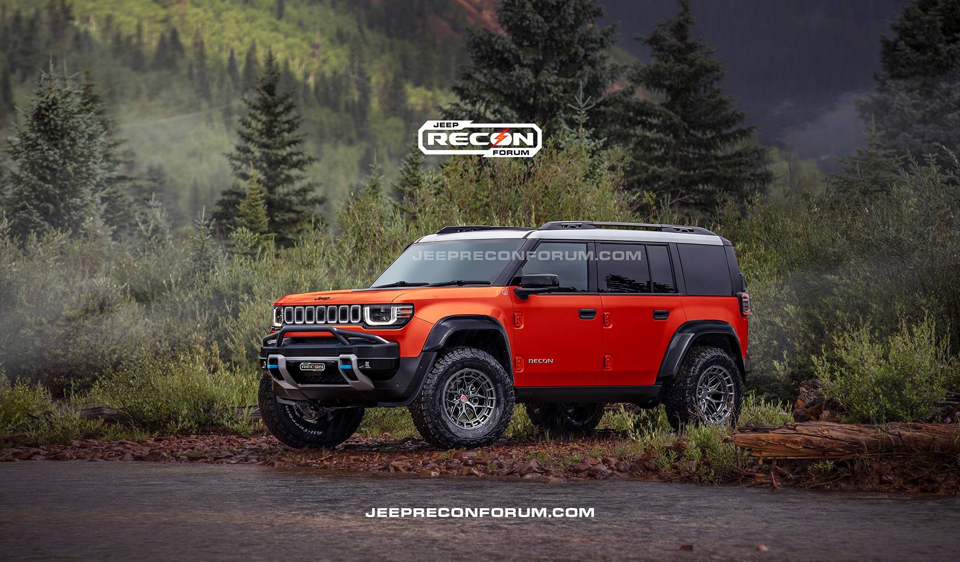 Jeep Recon EV Preview: 2026 Jeep Recons w/ Lift Kit, 35's, Fender Flares, Winch Bumper, Bull Bar Jeep Recon SE Front Orange White 