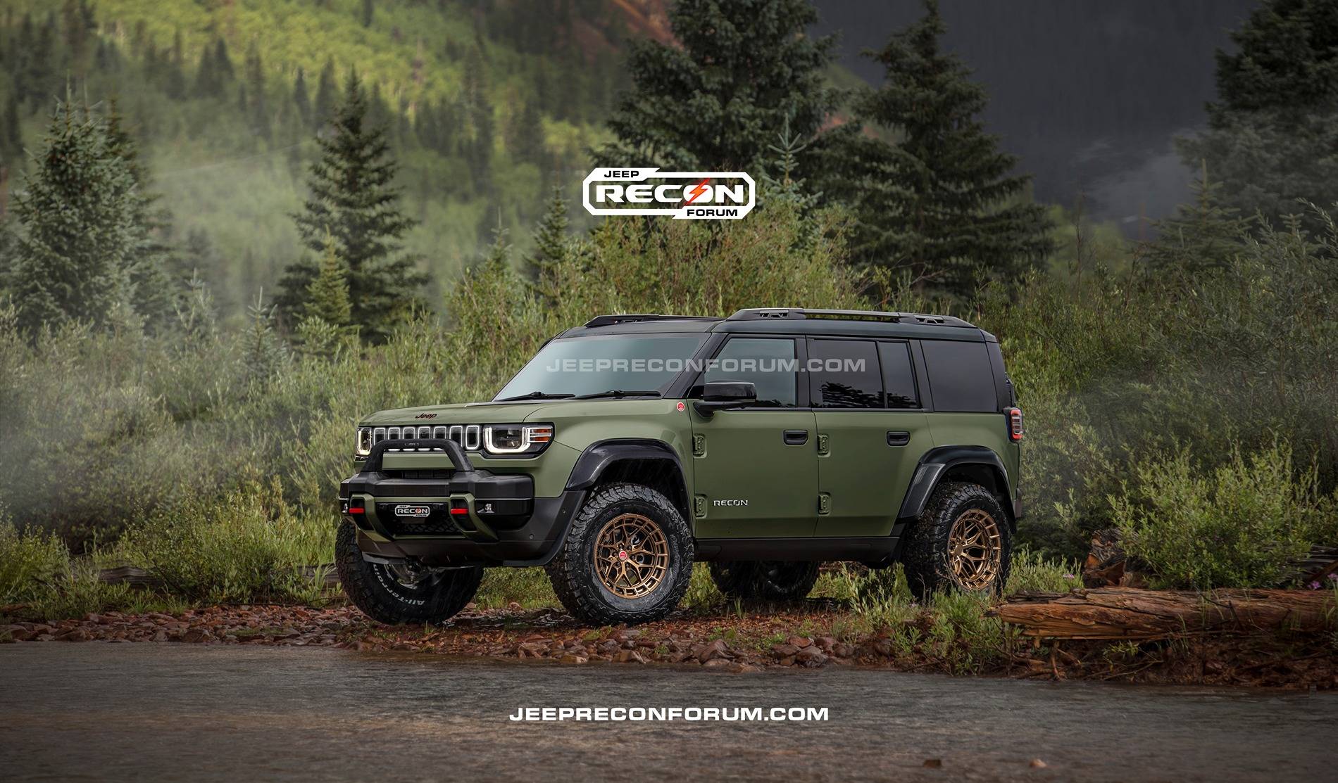 Jeep Recon EV Preview: 2026 Jeep Recons w/ Lift Kit, 35's, Fender Flares, Winch Bumper, Bull Bar Jeep Recon SE Front Army Green
